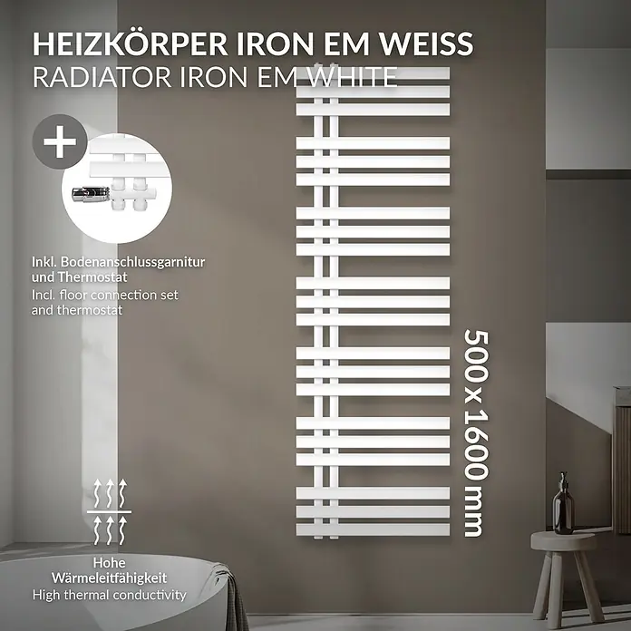 LuxeBath Badheizkörper Handtuchheizkörper Handtuchwärmer mit Durchgangsform Thermostatventil - B x H: 50 x 160 mm, Weiß - Weißer Eisen-Vertikalheizkörper (500x1600mm) mit Bodenanschlussgarnitur und Thermostat, hohe Wärmeleitfähigkeit.