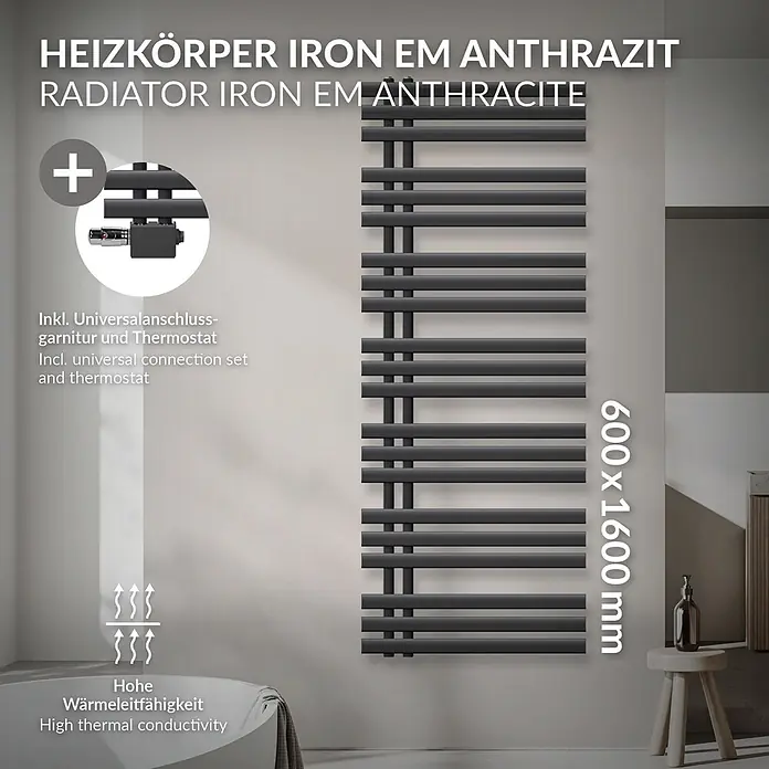 LuxeBath Badheizkörper Handtuchheizkörper Handtuchwärmer mit Universal Thermostatventil - B x H: 60 x 160 mm, Anthrazit - Hoher Anthrazit-Heizkörper aus Eisen mit modernem Design, im Bad gezeigt, inkl. Thermostat. Maße: 600x1600 mm, hohe Wärmeleitfähigkeit.