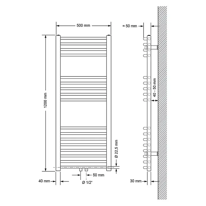 LuxeBath Badheizkörper Design Handtuchheizkörper Handtuchwärmer Mittelanschluss gebogen 420 W - Weiß - Technische Zeichnung eines vertikalen Handtuchheizkörpers, eines Heizkörpers mit horizontalen Stäben, inklusive aller Maße.