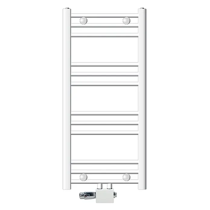 LuxeBath Badheizkörper Handtuchwärmer Mittelanschluss gerade mit Universal Thermostatventil - B x H: 40 x 80 mm, Weiß - Weißer Handtuchheizkörper im Leiterstil mit mehreren Querstreben und einem weißen Ventil unten.