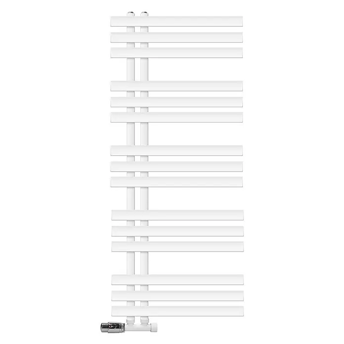 LuxeBath Badheizkörper Design Handtuchheizkörper Handtuchwärmer mit Eckform Thermostatventil - B x H: 50 x 120 cm, Weiß - Weißer moderner Handtuchheizkörper mit horizontalen Flachstangen und Chrom-Thermostatventil unten.