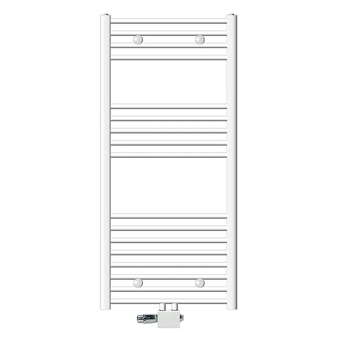 LuxeBath Badheizkörper Handtuchwärmer Mittelanschluss gebogen mit Universal Thermostatventil - B x H: 60 x 120 mm, Weiß - Weißer Handtuchheizkörper mit Querstäben, Seitenprofilen und Anschluss mit Chromventil.