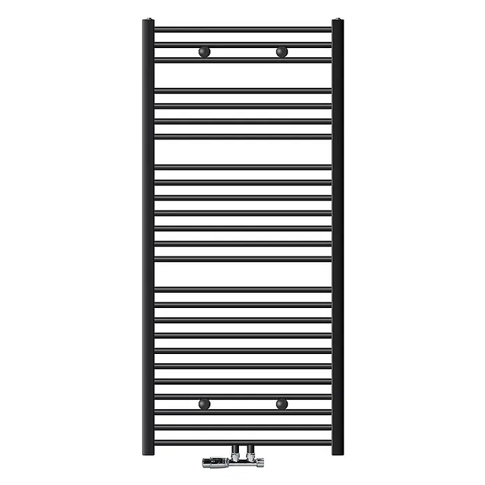 LuxeBath Badheizkörper Handtuchwärmer Mittelanschluss gebogen mit Eckform Thermostatventil - B x H: 75 x 150 mm, Anthrazit - Schwarzer Handtuchheizkörper mit horizontalen Stangen und vertikalen Steigrohren, inklusive unterer Ventilbaugruppe.