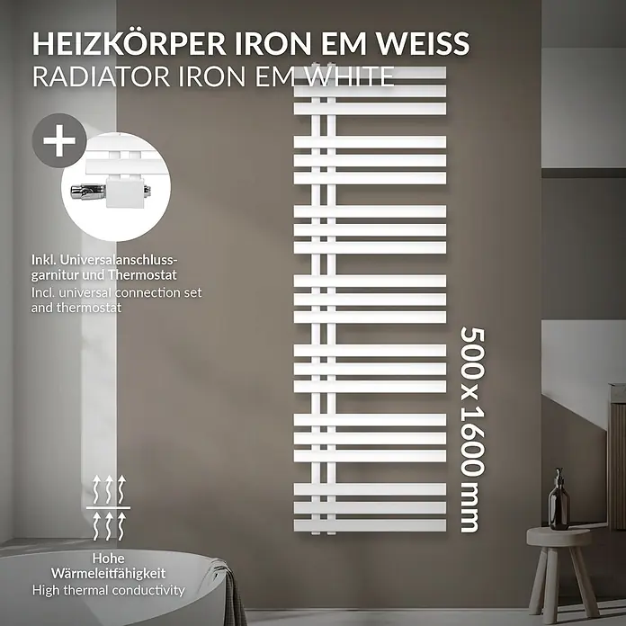 LuxeBath Badheizkörper Handtuchheizkörper Handtuchwärmer mit Universal Thermostatventil - B x H: 50 x 160 mm, Weiß - Weißer Design-Paneelheizkörper (500x1600mm) mit Universalanschluss-Set, in modernem Badezimmer.