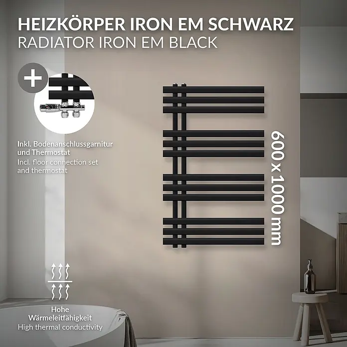 LuxeBath Badheizkörper Handtuchheizkörper Handtuchwärmer mit Durchgangsform Thermostatventil - B x H: 60 x 100 mm, Schwarz - HEIZKÖRPER IRON EM SCHWARZ. Modernes, schwarzes Heizkörperdesign (600x1000mm) mit Bodenanschlussgarnitur und Thermostat. Hohe Wärmeleitfähigkeit.