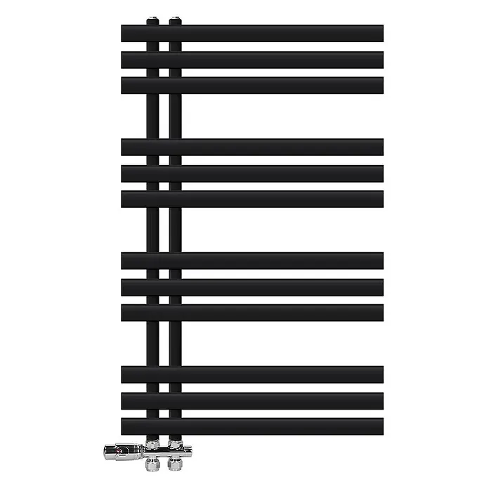 LuxeBath Badheizkörper Handtuchheizkörper Handtuchwärmer mit Durchgangsform Thermostatventil - B x H: 60 x 100 mm, Schwarz - Moderner schwarzer Handtuchheizkörper mit horizontalen Stangen und verchromtem Ventil unten.
