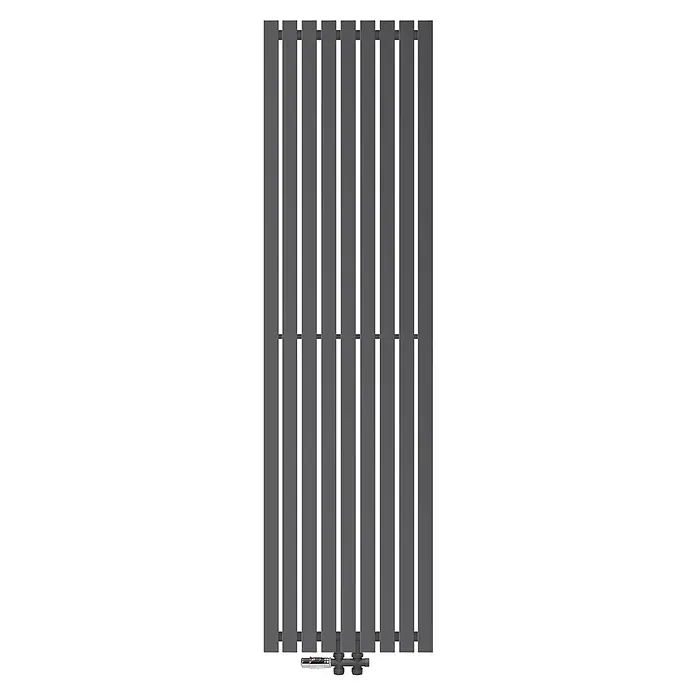 LuxeBath Badheizkörper Paneelheizkörper Handtuchwärmer mit Durchgangsform Thermostatventil - B x H: 48 x 180 mm, Anthrazit - Dunkelgrauer, vertikaler Flachheizkörper mit einem Chromventil unten.