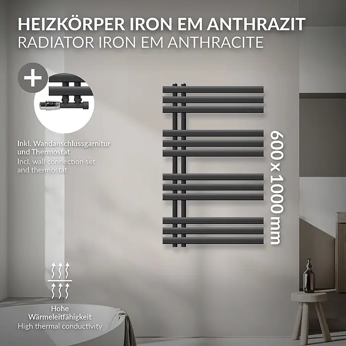 LuxeBath Badheizkörper Design Handtuchheizkörper Handtuchwärmer mit Eckform Thermostatventil - B x H: 60 x 100 mm, Anthrazit - Anthrazit Heizkörper (600x1000mm) mit hoher Wärmeleitfähigkeit, inkl. Wandanschlussgarnitur und Thermostat.