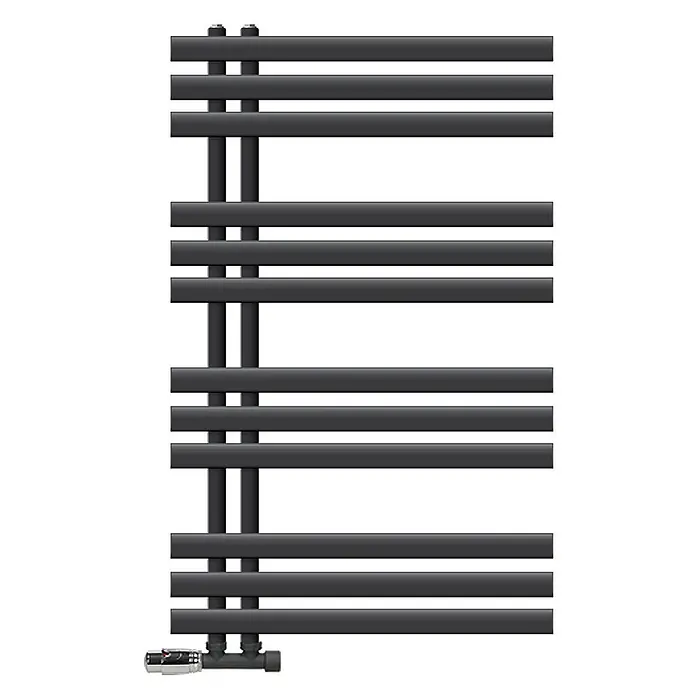 LuxeBath Badheizkörper Design Handtuchheizkörper Handtuchwärmer mit Eckform Thermostatventil - B x H: 60 x 100 mm, Anthrazit - Dunkelgrauer Handtuchheizkörper mit horizontalen Stangen und vertikalen Sammlern, inklusive Chrom-Thermostatventil.