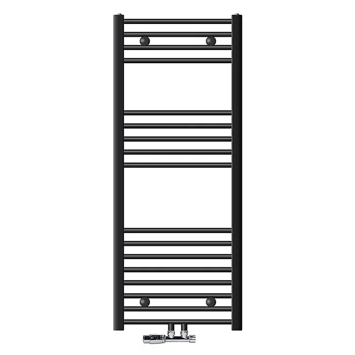 LuxeBath Badheizkörper Handtuchwärmer Mittelanschluss gerade mit Eckform Thermostatventil - B x H: 50 x 120 mm, Anthrazit - Schwarzer, leiterförmiger Handtuchheizkörper mit horizontalen Stäben und verchromter Ventilbaugruppe unten.