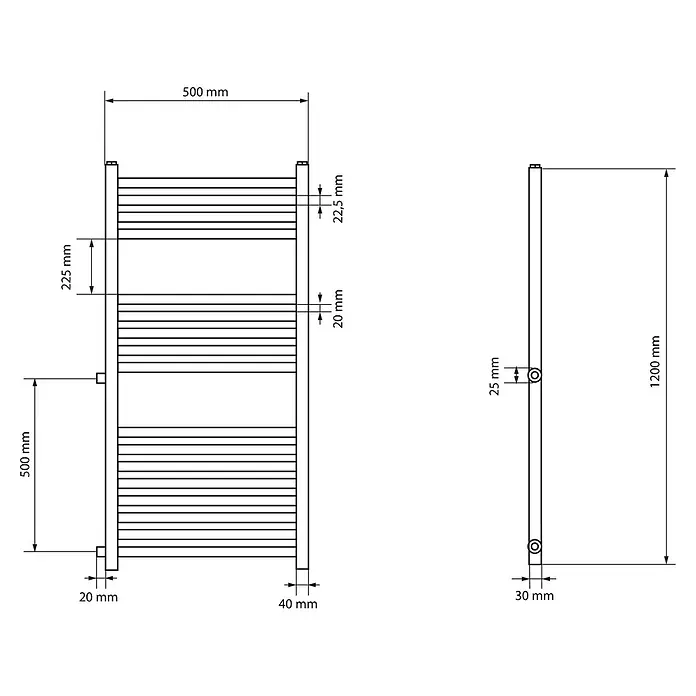 LuxeBath Badheizkörper Sahara Renovierungsheizkörper Austausch Design Handtuchtrockner Weiß - B x H: 50 x 120 mm, Weiß - Technische Zeichnung eines Handtuchwärmers mit horizontalen Stangen und Maßen.