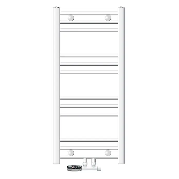 Badheizkörper 400x800mm Weiß gerade Mittel mit Ventil Eckform -  - Weißer Handtuchheizkörper mit Querstreben und unten montiertem Chromventil zum Heizen und Trocknen.