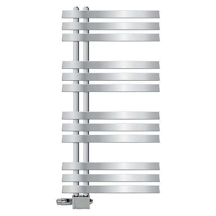 LuxeBath Badheizkörper Handtuchheizkörper Handtuchwärmer mit Universal Thermostatventil - B x H: 50 x 100 mm, Chrom - Silberner Handtuchheizkörper mit flachen horizontalen Stäben und Ventil unten.