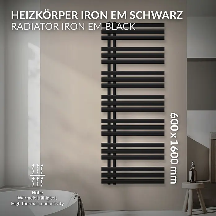 LuxeBath Badheizkörper Designheizkörper Iron EM Handtuchwärmer Handtuchtrockner - B x H: 60 x 160 cm, Schwarz - Schwarzer Vertikalheizkörper (600x1600mm) mit hoher Wärmeleitfähigkeit für moderne Badezimmer.