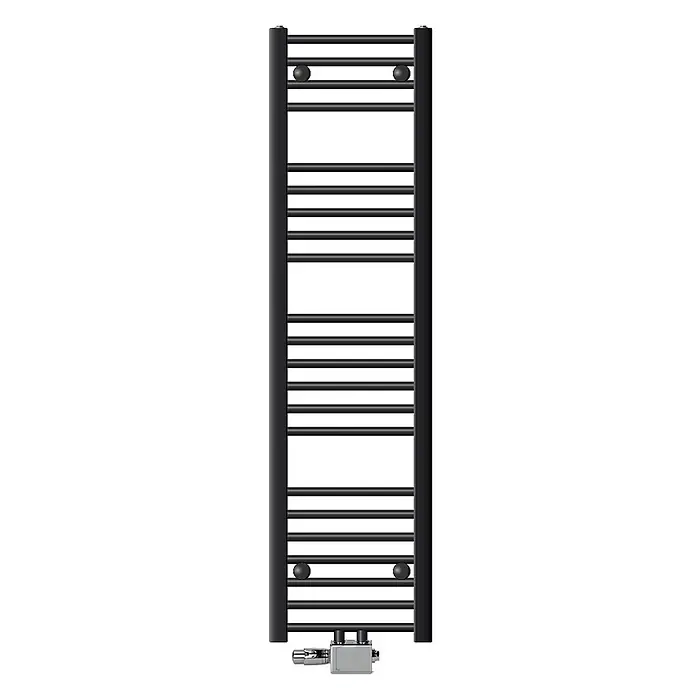LuxeBath Badheizkörper Handtuchwärmer Mittelanschluss gerade mit Universal Thermostatventil - B x H: 30 x 140 mm, Anthrazit - Schwarzer beheizter Handtuchheizkörper mit Querstreben und verchromtem Ventil.