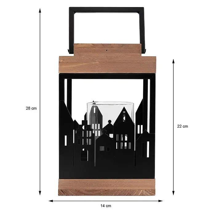 ECD Germany Deko-Tischleuchte Naturholz Metall Glas 22cm Henkel mit Kerzenhalter - L x B x H: 14 x 14 x 28 cm - Schwarze Metall- und Holzlaterne mit Glashalter und Stadtsilhouetten-Design, 28 cm hoch.