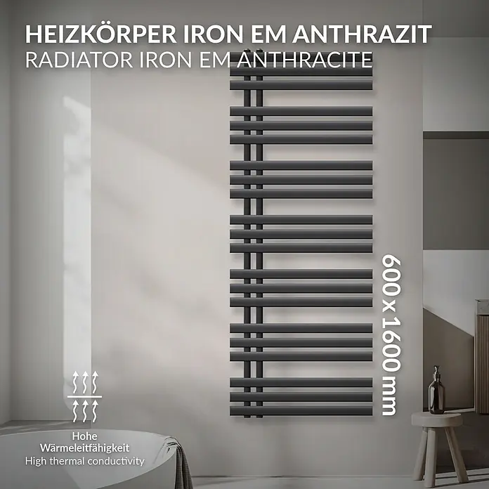 LuxeBath Badheizkörper Design Handtuchheizkörper Handtuchwärmer Mittelanschluss Radiator - B x H: 60 x 160 mm, Anthrazit - Vertikaler Heizkörper Iron EM in Anthrazit (600x1600 mm) an einer Wand in einem modernen Badezimmer.
