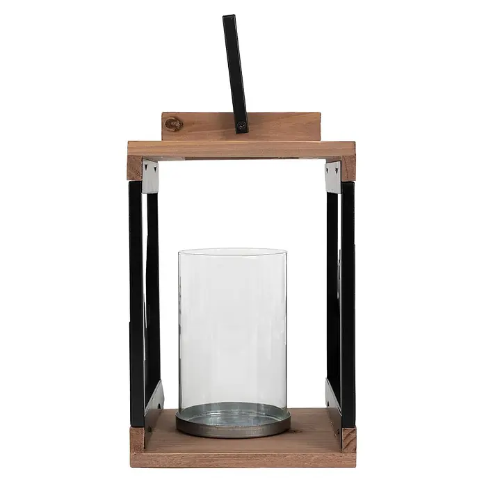 ECD Germany Deko-Tischleuchte Naturholz Metall Glas 22cm Henkel mit Kerzenhalter - L x B x H: 14 x 14 x 28 cm - Laterne aus Holz und schwarzem Metall mit Glaszylinder für Kerzen.
