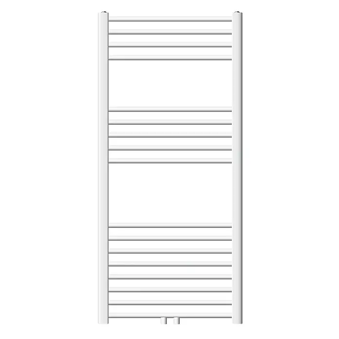LuxeBath Badheizkörper Design Handtuchheizkörper Handtuchwärmer Mittelanschluss gebogen 480 W - Weiß - Weißer vertikaler Handtuchheizkörper mit zahlreichen horizontalen Stangen.