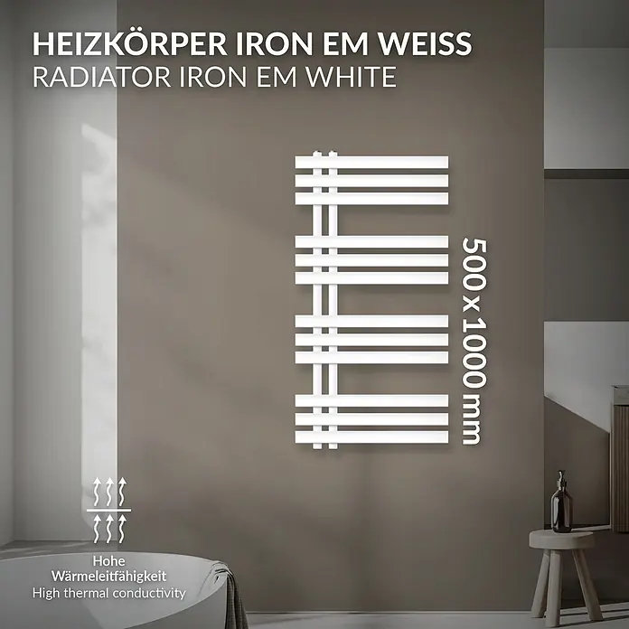 LuxeBath Badheizkörper Design Handtuchheizkörper Handtuchwärmer Mittelanschluss Radiator - B x H: 50 x 100 mm, Weiß - Weißer Wandheizkörper (500x1000mm) mit hoher Wärmeleitfähigkeit.