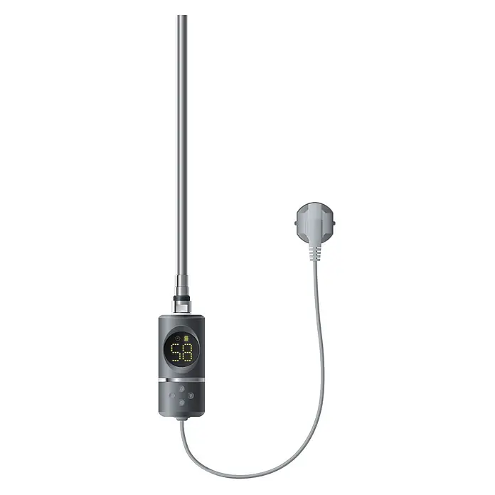LuxeBath Austauschheizkörper Elektroheizstab mit Stecker Anthrazit Heizpatrone Heizelemente 1200W - B x H: 4,5 x 4,5 mm - Grauer elektrischer Heizstab mit Digitalanzeige '58', Bedientasten und Netzkabel mit Stecker.