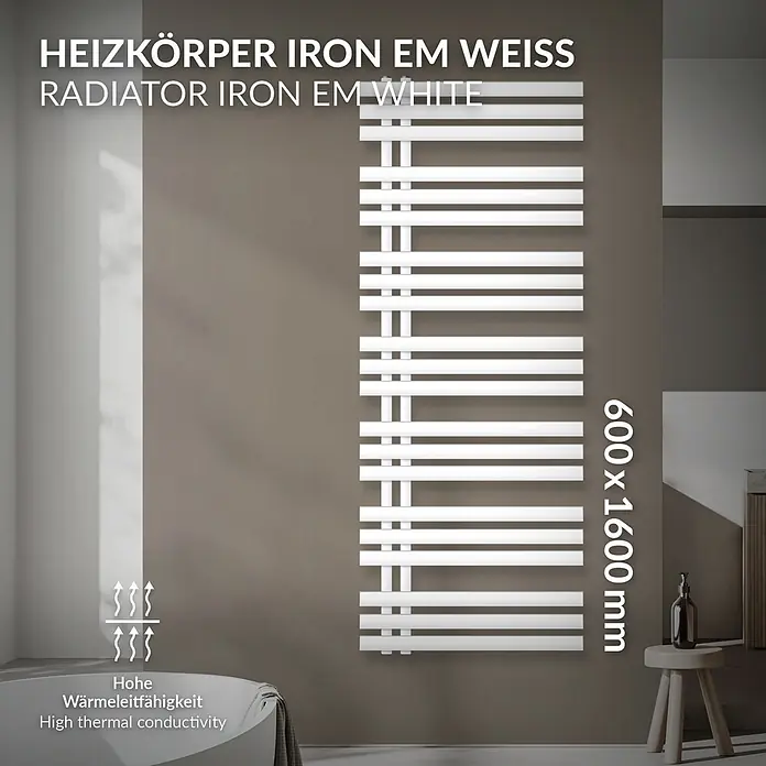 LuxeBath Badheizkörper Design Handtuchheizkörper Handtuchwärmer Mittelanschluss Radiator - B x H: 60 x 160 mm, Weiß - Weißer vertikaler Heizkörper mit mehreren horizontalen Heizelementen, an einer Wand in einem modernen Badezimmer.