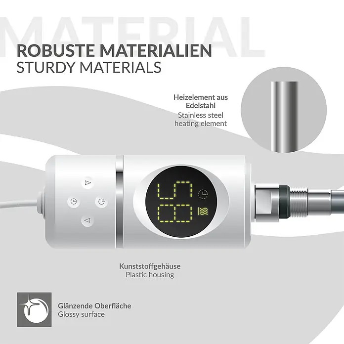 LuxeBath Austauschheizkörper Elektroheizstab mit Stecker Weiß Heizpatrone Heizelemente 1200W - B x H: 4,5 x 4,5 mm - Weißes Heizgerät mit Digitalanzeige und Bedientasten, ausgestattet mit Edelstahl-Heizelement und glänzendem Kunststoffgehäuse.