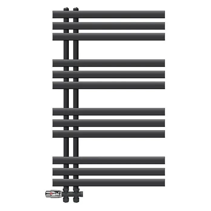 LuxeBath Badheizkörper Handtuchheizkörper Handtuchwärmer mit Durchgangsform Thermostatventil - B x H: 60 x 100 mm, Anthrazit - Dunkelgrauer Metall-Handtuchheizkörper mit horizontalen Stangen und Bodenventil.