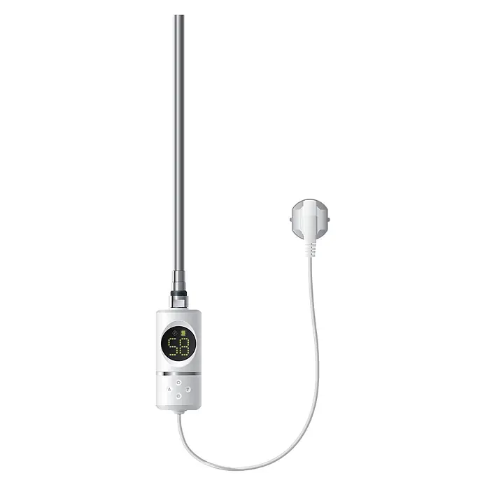 LuxeBath Austauschheizkörper Elektroheizstab mit Stecker Weiß Heizpatrone Heizelemente 600W - B x H: 4,5 x 4,5 mm - Weißer elektrischer Heizstab mit Digitalanzeige, Bedientasten und silbernem Rohr, verbunden mit einem Netzstecker.