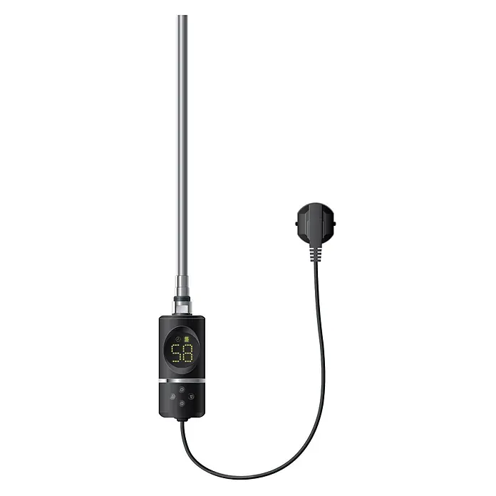 LuxeBath Austauschheizkörper Elektroheizstab mit Stecker Schwarz Heizpatrone Heizelemente 600W - B x H: 65,5 x 4,5 mm - Schwarze Steuerung mit Digitalanzeige und Tasten für ein silbernes Heizelement, verbunden mit einem Netzstecker.