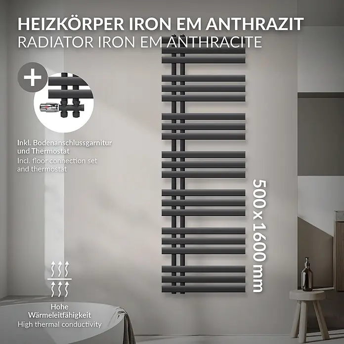 LuxeBath Badheizkörper Handtuchheizkörper Handtuchwärmer mit Durchgangsform Thermostatventil - B x H: 50 x 160 mm, Anthrazit - Vertikaler Heizkörper "IRON EM" in Anthrazit (500x1600mm) mit Bodenanschluss und Thermostat, in einem Badezimmer.