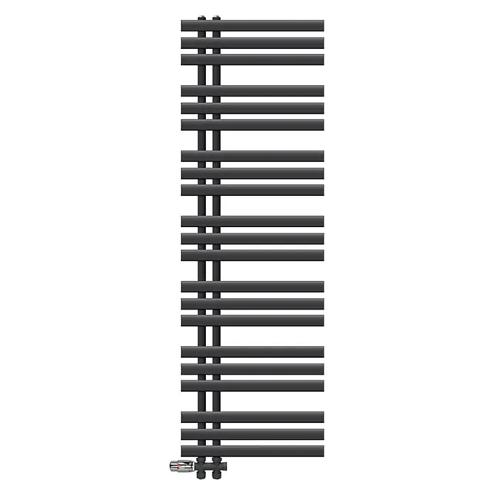 LuxeBath Badheizkörper Handtuchheizkörper Handtuchwärmer mit Durchgangsform Thermostatventil - B x H: 50 x 160 mm, Anthrazit - Dunkelgrauer Röhrenheizkörper mit horizontalen Stäben und Ventil.