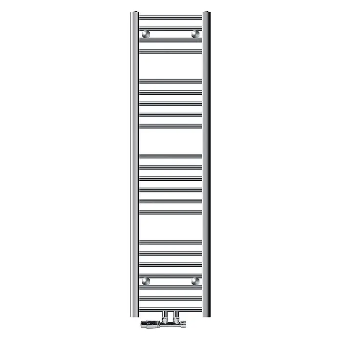 LuxeBath Badheizkörper Handtuchwärmer Mittelanschluss gerade mit Eckform Thermostatventil - B x H: 30 x 140 mm, Chrom - Verchromter Handtuchheizkörper mit horizontalen Stangen und unteren Ventilanschlüssen.