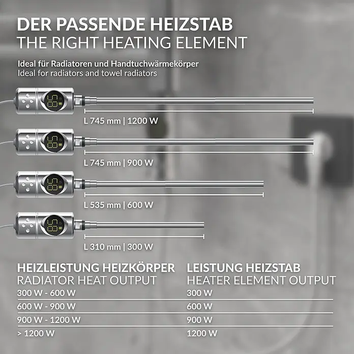 LuxeBath Austauschheizkörper Elektroheizstab mit Stecker Chrom Heizpatrone Heizelemente 1200W - B x H: 4,5 x 4,5 mm - Vier silberne Heizelemente unterschiedlicher Länge und Leistung, mit Kompatibilitätstabelle für Heizkörperleistung.