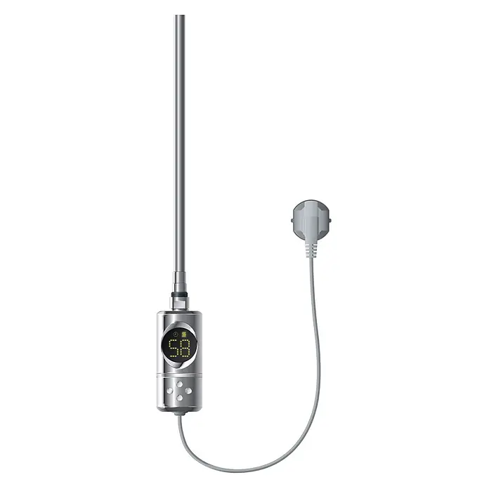 LuxeBath Austauschheizkörper Elektroheizstab mit Stecker Chrom Heizpatrone Heizelemente 1200W - B x H: 4,5 x 4,5 mm - Silberner elektrischer Heizstab für Heizkörper mit Digitalanzeige '58', Bedientasten und grauem Netzkabel mit Stecker.