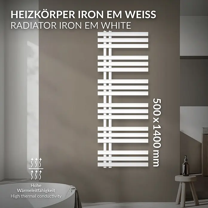 LuxeBath Badheizkörper Design Handtuchheizkörper Handtuchwärmer Mittelanschluss Radiator - B x H: 50 x 140 mm, Weiß - Weißer Wandheizkörper Iron EM (500x1400mm) mit hoher Wärmeleitfähigkeit.