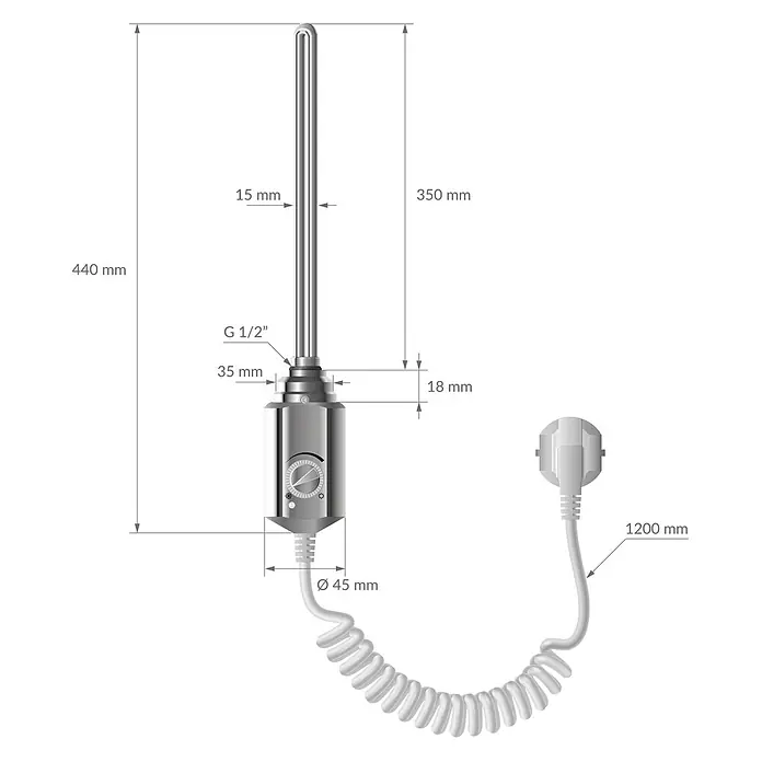 LuxeBath Elektro-Badheizkörper Handtuchwärmer mit Heizstab 600x1800 mm gerade Chrome 900W -  - Silberner Heizstab mit integriertem Thermostat und weißem Spiralkabel, Maße sichtbar.