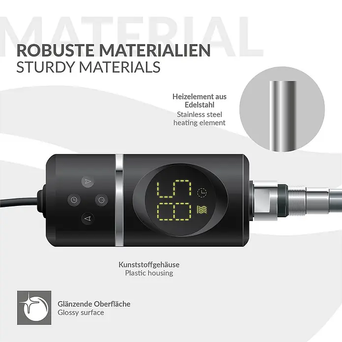 LuxeBath Austauschheizkörper Elektroheizstab mit Stecker Schwarz Heizpatrone Heizelemente 1200W - B x H: 86,5 x 4,5 mm - Schwarzes Gerät mit Digitalanzeige, Heizelement aus Edelstahl und glänzendem Kunststoffgehäuse.