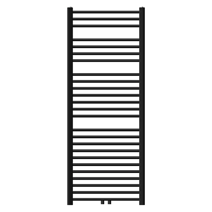 LuxeBath Badheizkörper Design Handtuchheizkörper Handtuchwärmer Mittelanschluss gerade 660 W - B x H: 60 x 150 mm, Schwarz - Hoher schwarzer Handtuchheizkörper aus Metall mit horizontalen Stäben.