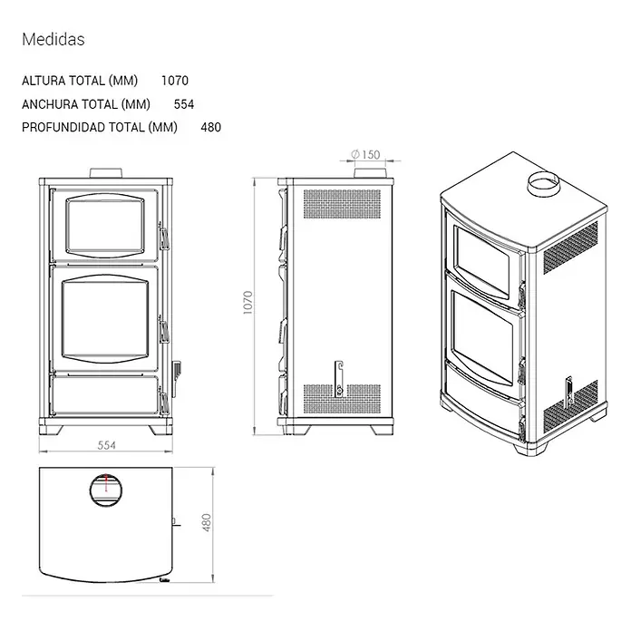 Teba Estufa de leña con horno TS16 - 8 kW, Volumen de calefacción: 157,5 m³, Negro - Dibujo técnico de una estufa de leña, mostrando vistas frontal, lateral, superior e isométrica con dimensiones y tubo de 150mm.