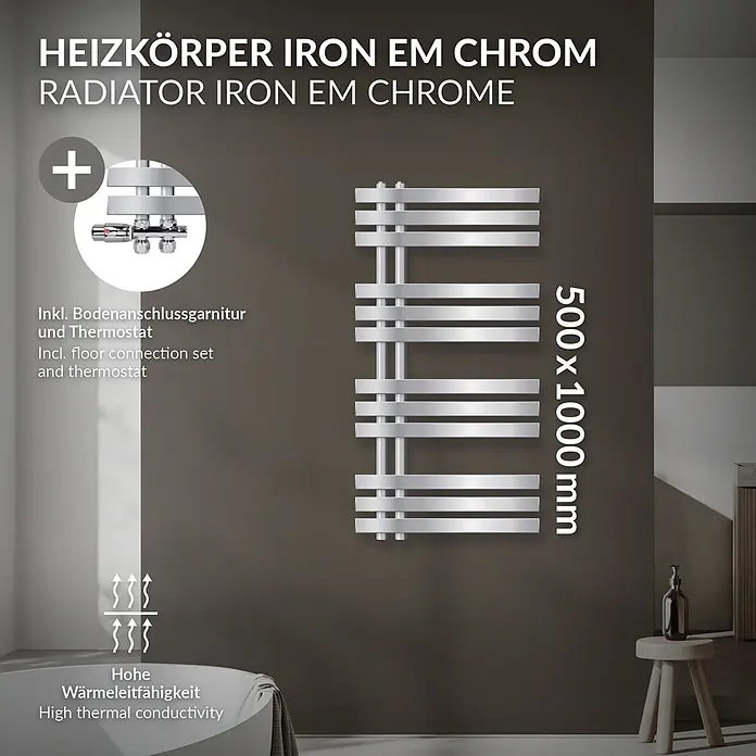 LuxeBath Badheizkörper Handtuchheizkörper Handtuchwärmer mit Durchgangsform Thermostatventil - B x H: 50 x 100 mm, Chrom - Chromheizkörper, 500x1000mm, mit hoher Wärmeleitfähigkeit. Inklusive Bodenanschlussgarnitur und Thermostat.