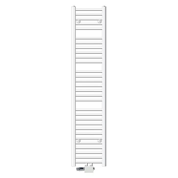 LuxeBath Badheizkörper Handtuchwärmer Mittelanschluss gerade mit Universal Thermostatventil - B x H: 30 x 180 mm, Weiß - Weißer vertikaler Handtuchheizkörper mit horizontalen Stangen und unten montiertem Anschlussventil.