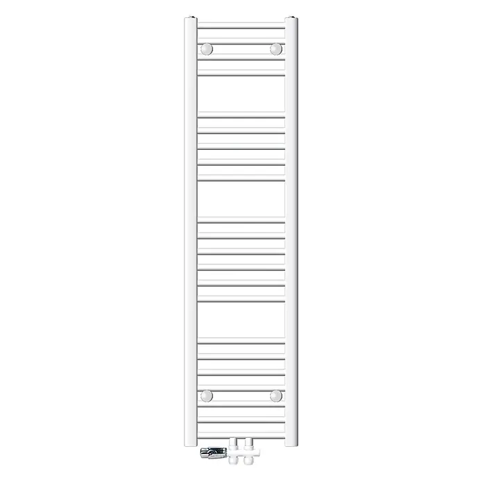 LuxeBath Badheizkörper Handtuchwärmer Mittelanschluss gerade mit Boden Thermostatventil - B x H: 30 x 140 mm, Weiß - Weißer Handtuchheizkörper im Leiterdesign mit Querstreben und Anschlussventilen unten.