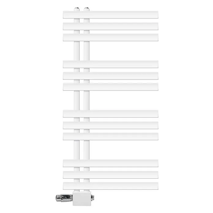LuxeBath Badheizkörper Handtuchheizkörper Handtuchwärmer mit Universal Thermostatventil - B x H: 50 x 100 mm, Weiß - Weißer Handtuchheizkörper aus Metall mit horizontalen Stangen und vertikalen Sammelrohren, mit Chromventil unten.