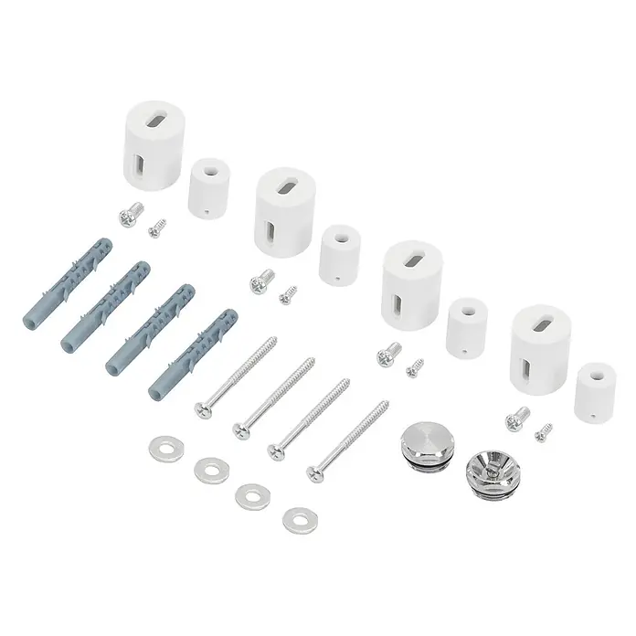 LuxeBath Badheizkörper Montagematerial Paneelheizkörper Halter Set Zubehör für Handtuchwärmer - B x H: 2 x 2 mm, Weiß - Set aus weißem und silbernem Befestigungszubehör: zylindrische Abstandshalter, Dübel, Schrauben, Unterlegscheiben und Zierkappen.