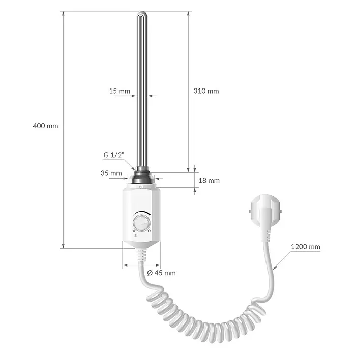 LuxeBath Austauschheizkörper Elektroheizstab mit Stecker Weiß Heizpatrone Heizelemente Weiß 600W - B x H: 4,5 x 4,5 mm - Silberner Elektro-Heizstab mit weißem, regulierbarem Thermostat und Spiralkabel, 400mm Gesamtlänge.