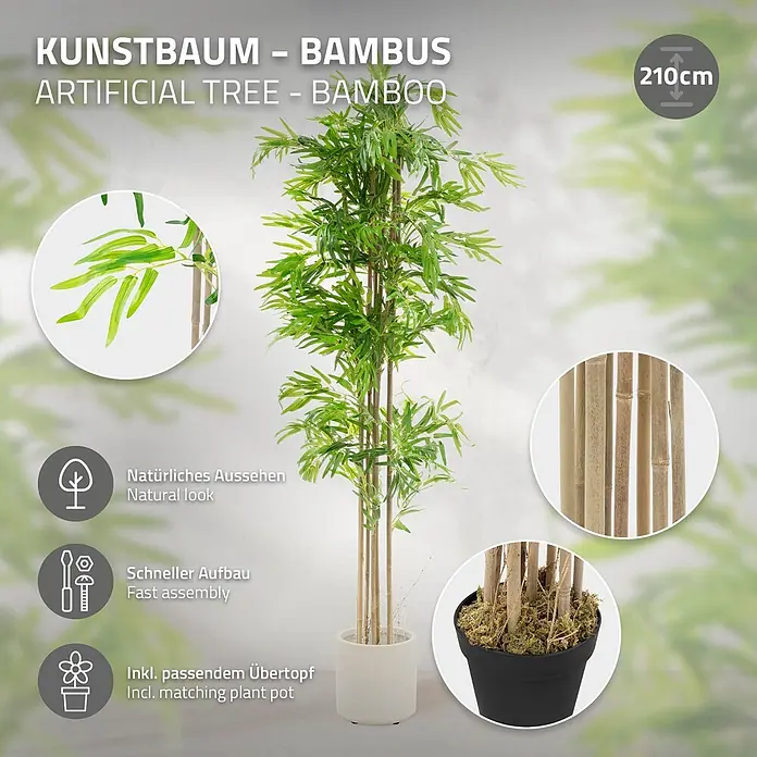 ML-Design Kunstpflanze Kunstbambus für Innen & Außen mit Echtem Moos & Echtholzstamm - Höhe: 210 cm, Blütenfarbe: Grün, Holz - 210cm Kunstbaum Bambus mit grünen Blättern und Naturstämmen im weißen Übertopf. Natürliches Aussehen, schneller Aufbau.