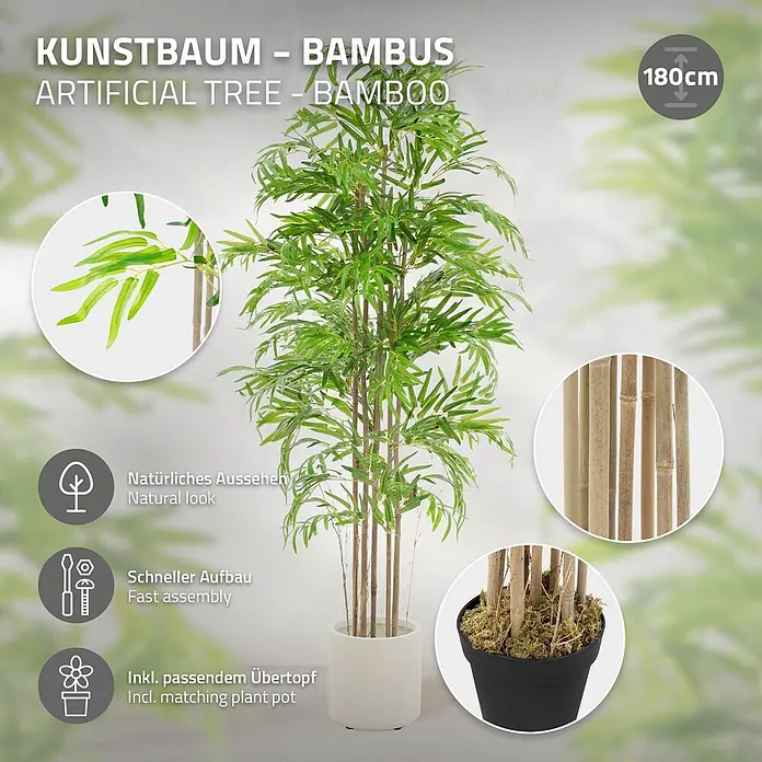 ML-Design Kunstpflanze Kunstbambus für Innen & Außen mit Echtem Moos & Echtholzstamm - Blütenfarbe: Grün, Holz - Künstlicher Bambusbaum, 180 cm hoch, mit grünem Laub und passendem Topf.