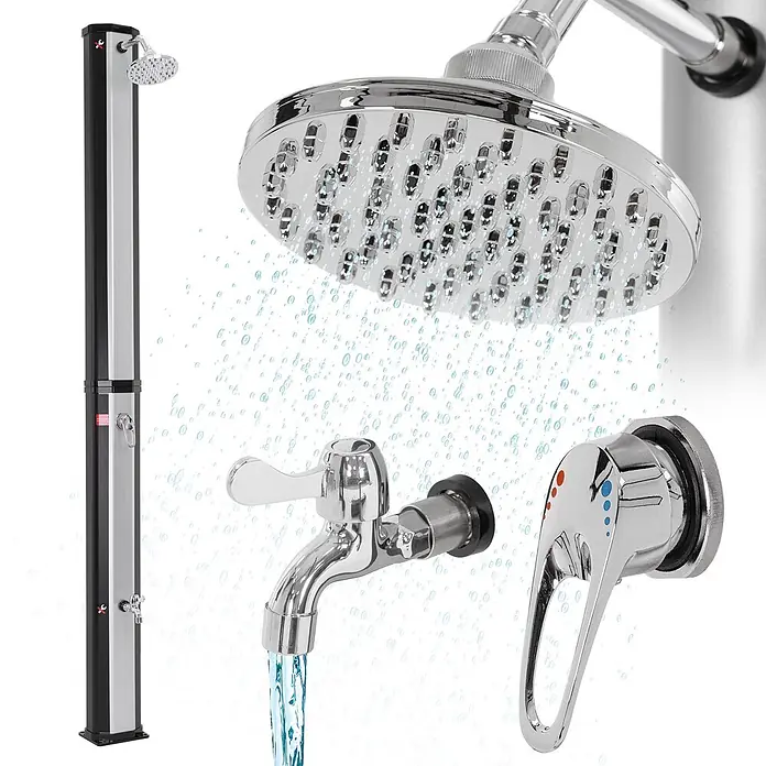 ECD Germany Solardusche 35L Eckig mit Fußdusche und Regenduschkopf warmes Wasser - Kunststoff, Silber - Schwarze und verchromte Solardusche mit Duschkopf, Wasserhahn und Mischbatterie. Wasser fließt aus Dusche und Hahn.