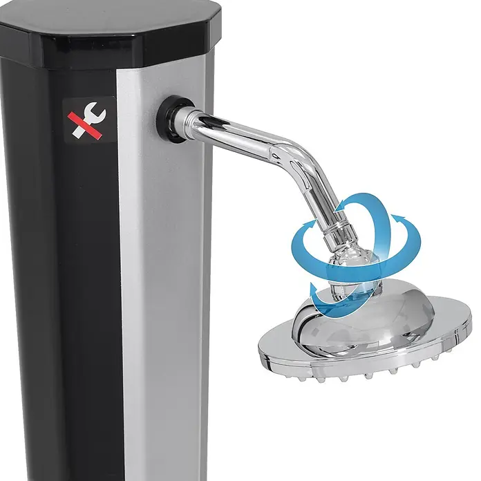 ECD Germany Solardusche 35L Eckig mit Fußdusche und Regenduschkopf warmes Wasser - Kunststoff, Silber - Schwarz-silberne Außenduschsäule mit schwenkbarem Chrom-Duschkopf. Ein Symbol zeigt, dass keine Werkzeuge benötigt werden.